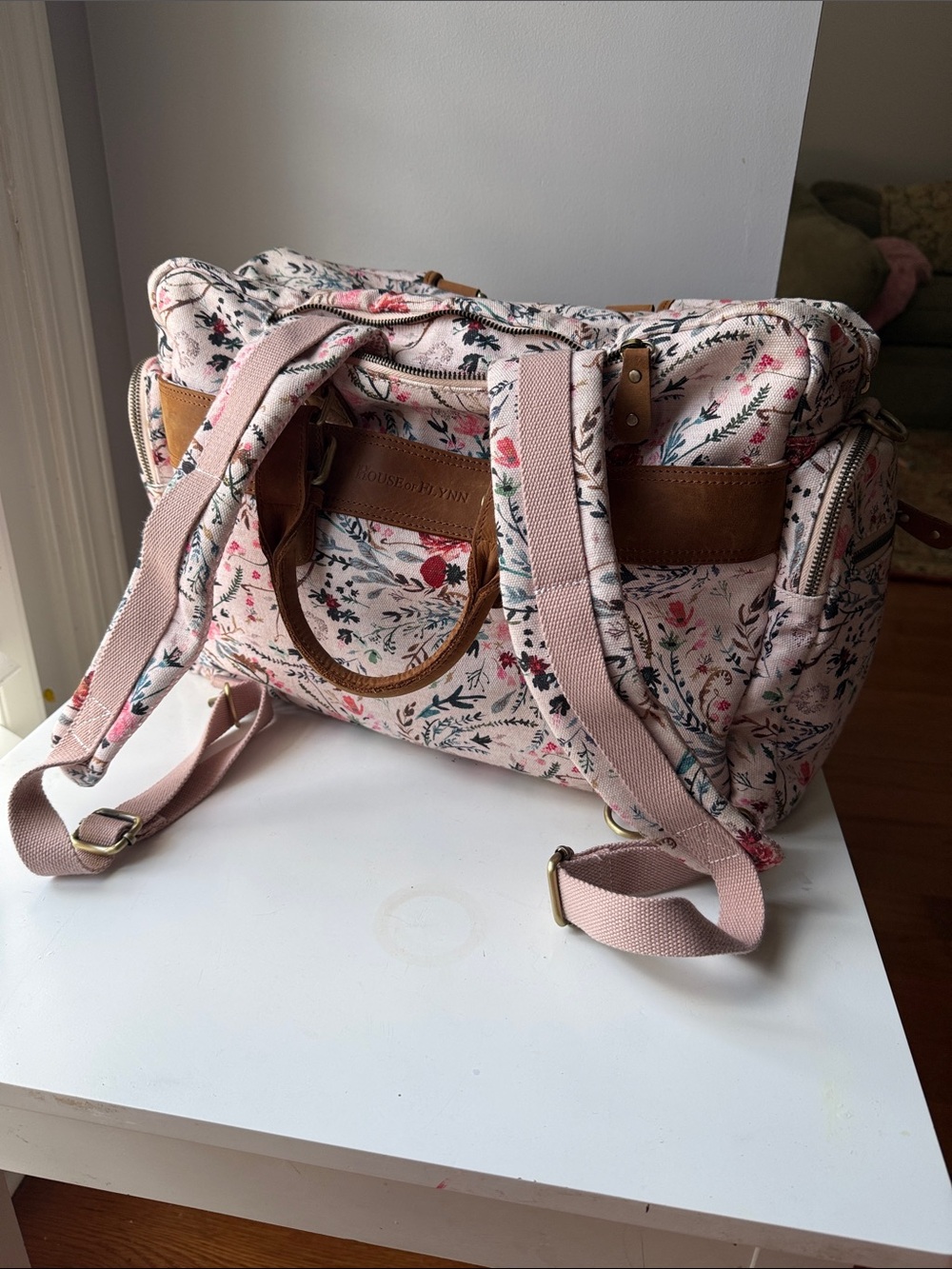 House of Flynn Evermore Pink Floral Baby Bag/Pro Camera bag with Tan Trim - Picture 5 of 9